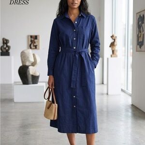 Lands' End Vintage Navy Blue Belted Shirt Dress Size 10